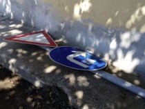 Мъж с пътен знак под мишница втрещи русенци СНИМКИ